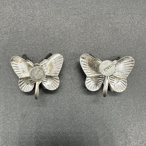 Vintage Sterling Silver Butterfly Screw Back Earrings 3D Double Wing 925 Western - Picture 5 of 8